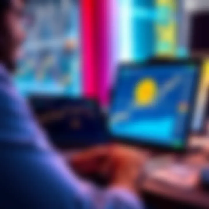 First Bitcoin Purchase A person looking at a Bitcoin chart on a laptop, expressing excitement about their first investment in cryptocurrency.