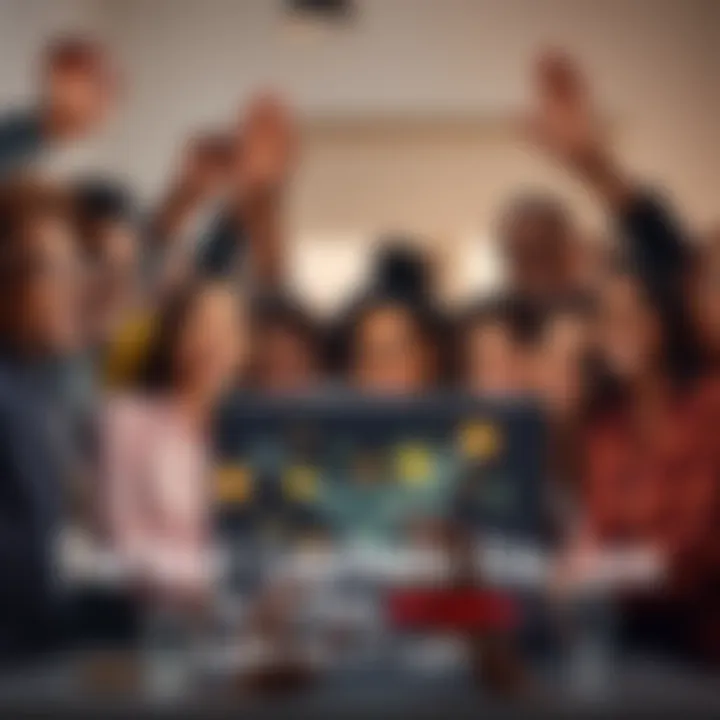 First legitimate use of cryptocurrency A joyful group of diverse people celebrating around a laptop, with cryptocurrency symbols displayed on the screen.
