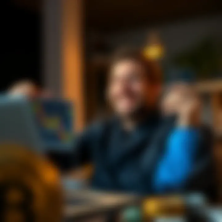 A first-time Bitcoin investor smiles while looking at a chart showing market fluctuations, holding a laptop and a phone with the Bitcoin logo.