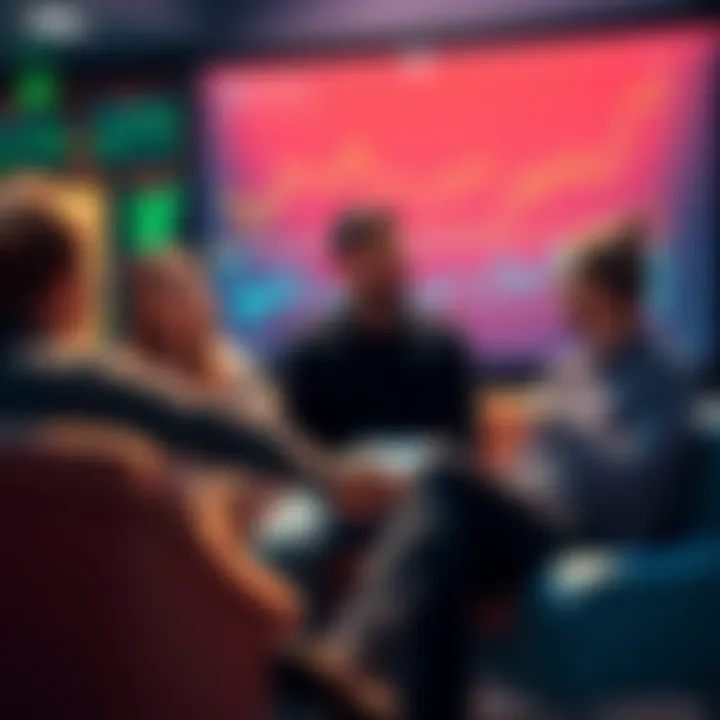 A group of first-time crypto buyers discussing their experiences and lessons learned in a casual setting, with charts and graphs showing market trends in the background.