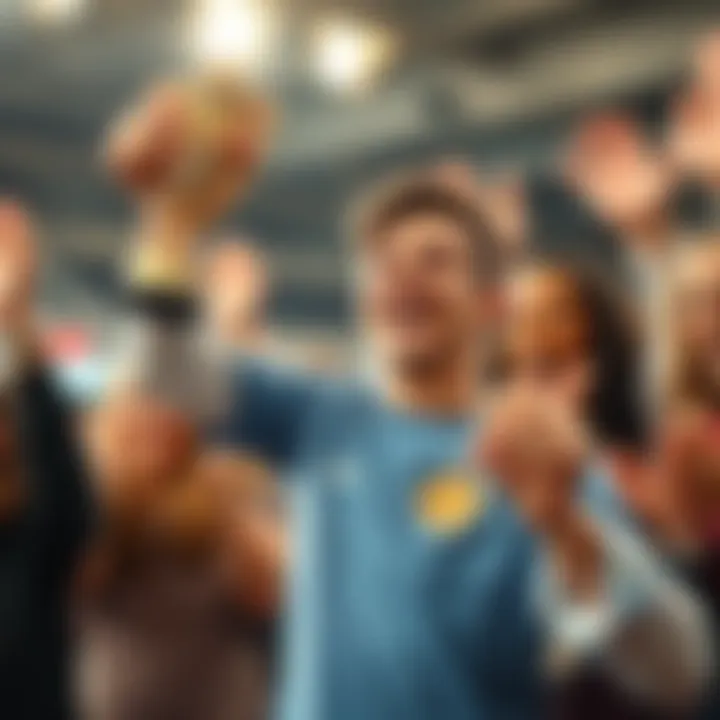 Person celebrating their first win A joyful person holding a trophy with a big smile, surrounded by friends cheering