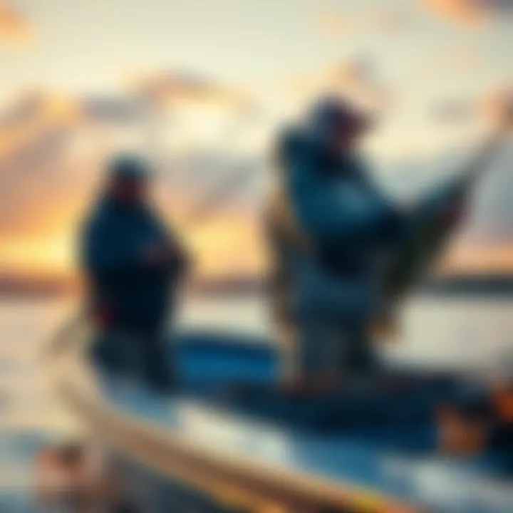Two anglers standing in a boat, casting lines during a competitive fishing event, with one looking determined and the other focused on their catch.