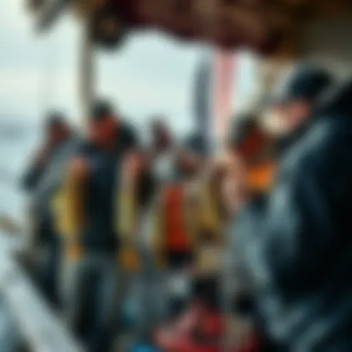 A group of anglers at a fishing competition showcasing their catches and scores, discussing winning strategies.