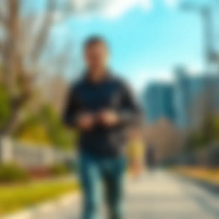 A person walks outdoors wearing a fitness tracker, looking motivated and happy, symbolizing the concept of earning rewards for physical activity.