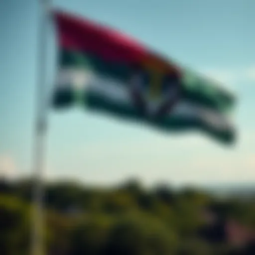 The flag of Liberland fluttering in the wind with greenery in the background.