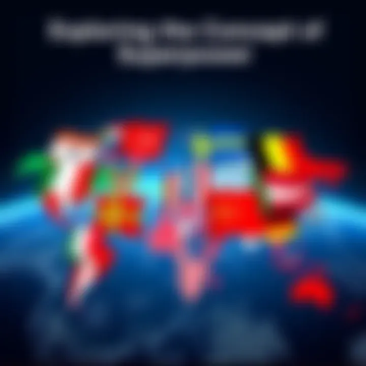 National flags representing major world powers on a map of the globe, symbolizing superpower status and geopolitical influence.