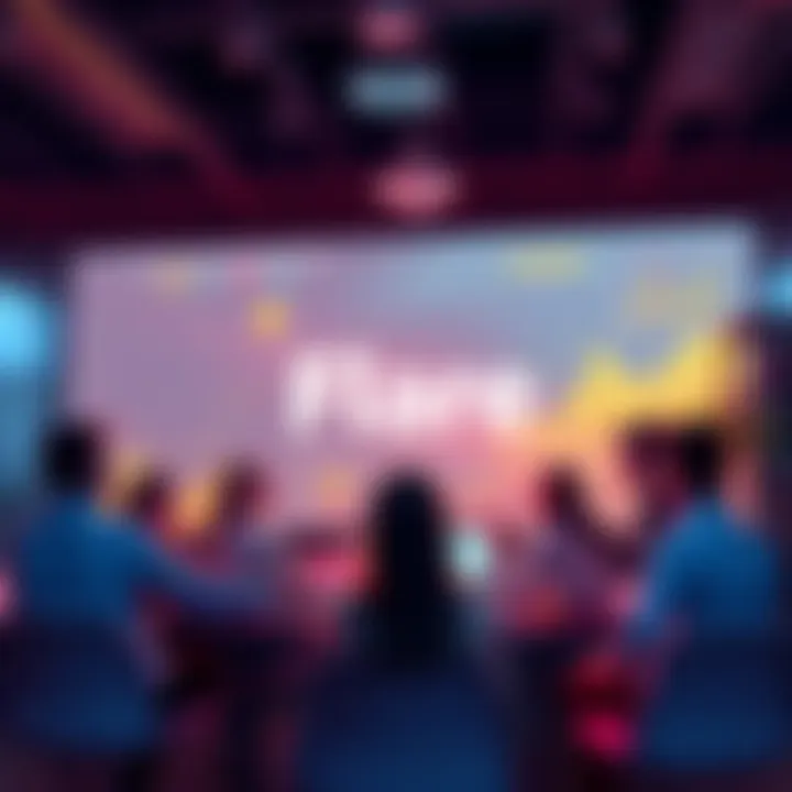 A group of people discussing the future of Flare in a casual setting with charts and graphs in the background