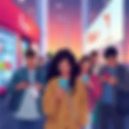 Illustration of a diverse group of people using smartphones to pay with cryptocurrency at various retail locations in Europe