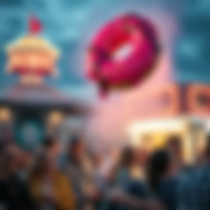 A vendor flips a colorful donut in the air at a local fair, surrounded by excited people trying new flavors.