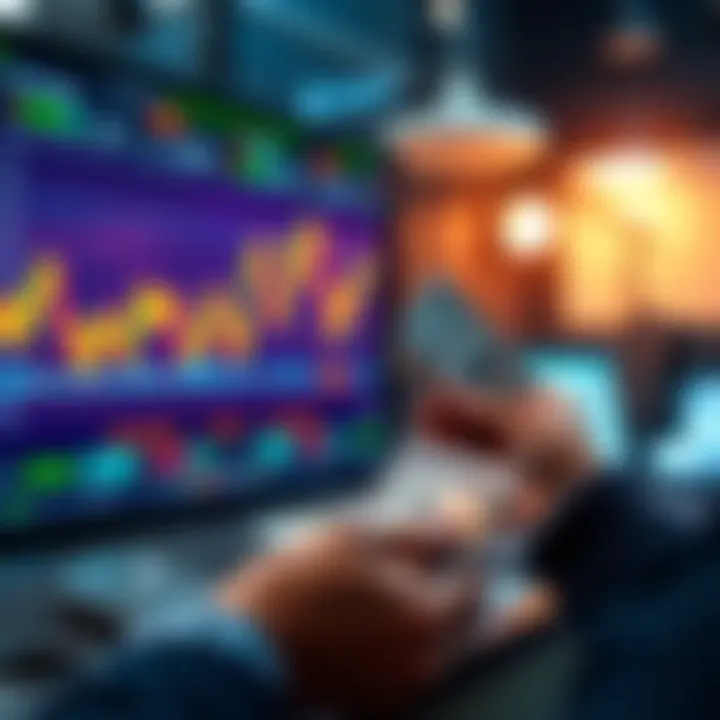 A person counts cash while looking at fluctuating currency graphs on a screen, representing the focus on immediate financial gain over cryptocurrency adoption.