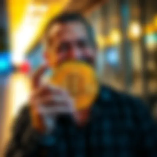 A Florida man smiling while holding a Bitcoin symbol, representing his recent investment of 4% of all Bitcoin after reading a key book.