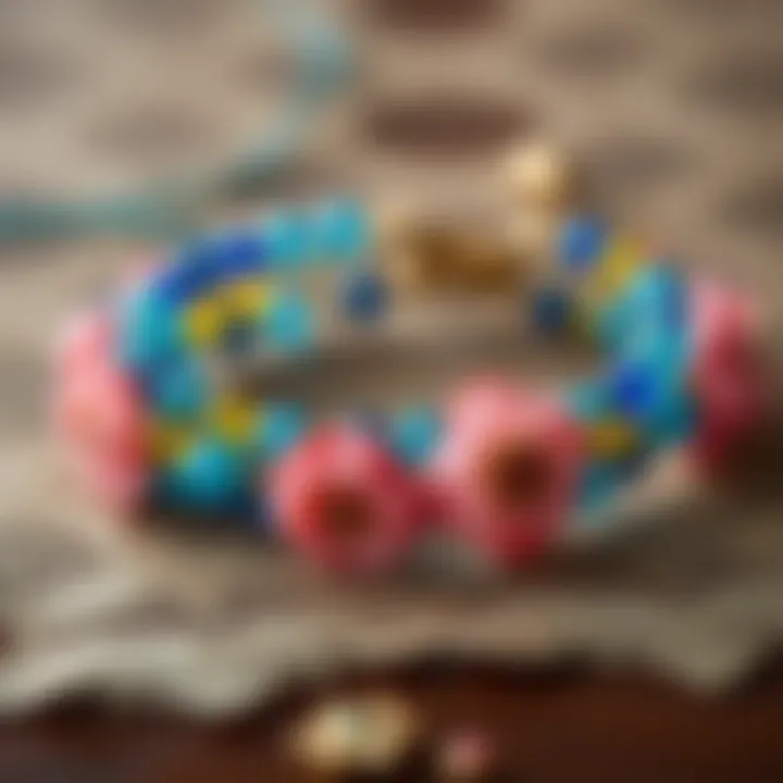 A colorful flower wreath bracelet made with pink opalite, blue glass, and peridot beads on a waxed thread