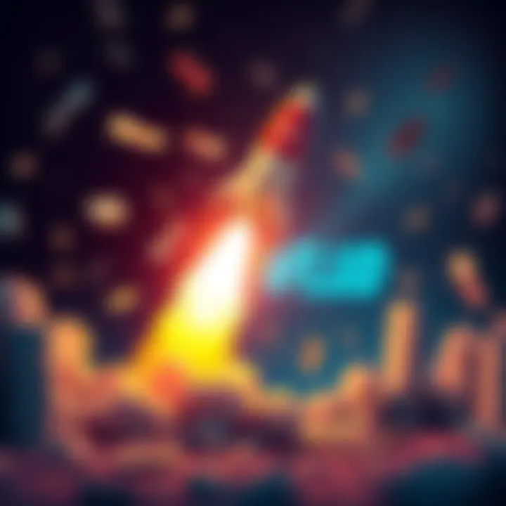 Graphic showing a rocket launching with the $FLUD logo, symbolizing excitement for the coin's launch, with dollar bills in the background to represent investment opportunities.