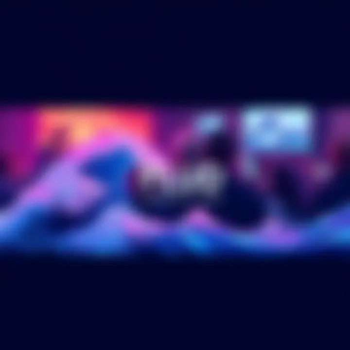 A digital representation of the FLUD logo with waves, symbolizing a fresh start in cryptocurrency. The background features a community of people engaging with digital art.