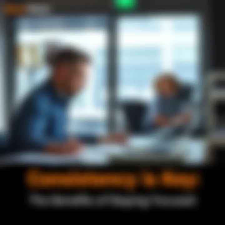 A person working diligently at a desk with notes and a laptop, representing consistency and focus on goals.