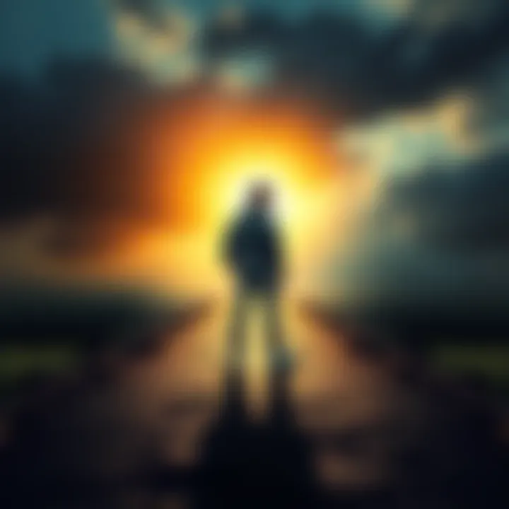 A person standing at a crossroads, looking thoughtfully at different paths. One path is bright and clear with opportunities, while the other is dark and uncertain, representing challenges. The person ...
