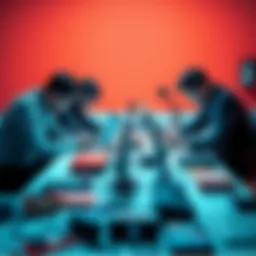 Foid and Chud teams brainstorming over a table filled with technology and creative tools