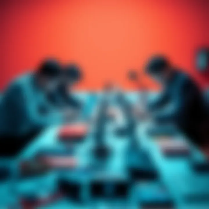 Foid and Chud teams brainstorming over a table filled with technology and creative tools