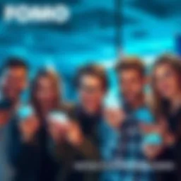 A group of people looking at their smartphones with expressions of excitement and urgency, symbolizing the fear of missing out.