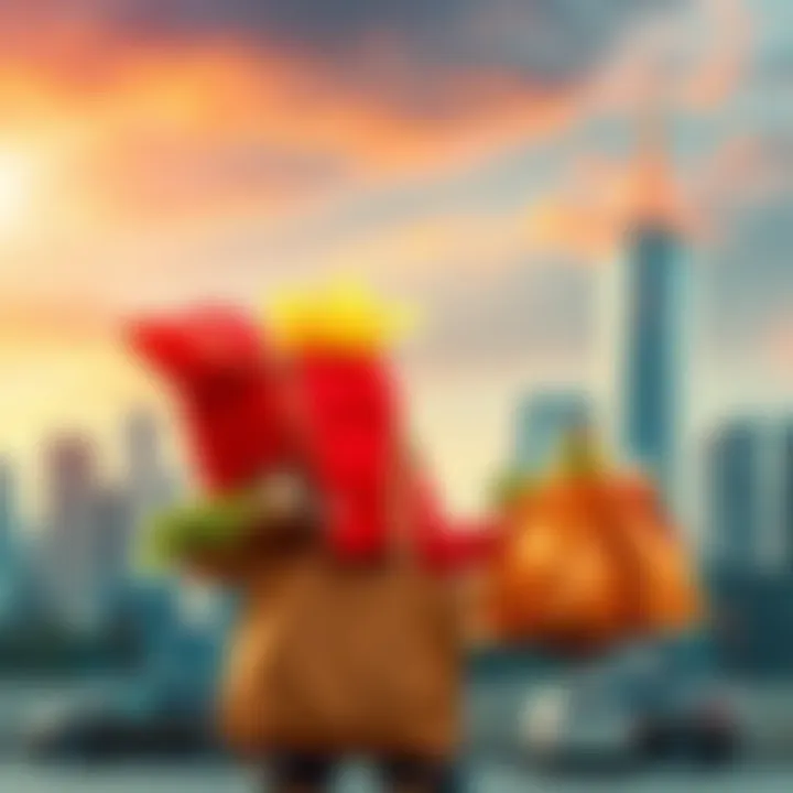 A delivery person holding bags of food with a city skyline in the background, symbolizing a busy food delivery service.