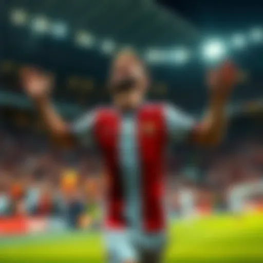 A footballer in a team jersey celebrating after scoring a goal, surrounded by cheering fans in a stadium.