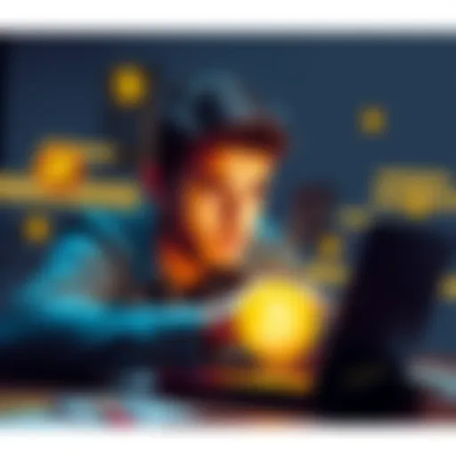 A person looking at an old laptop with a puzzled expression, surrounded by cryptocurrency icons and papers with wallet keywords.