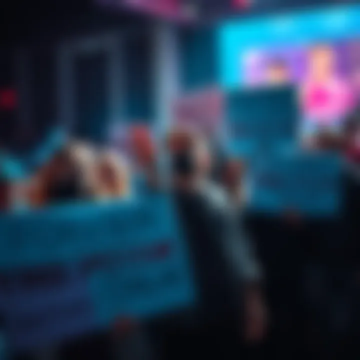 A group of people expressing frustration about being banned from forums, holding signs that advocate for free speech online.