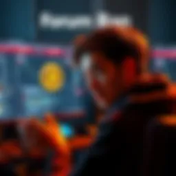 A person looking confused while reading a computer screen with forum posts about a ban from a Bitcoin discussion board.