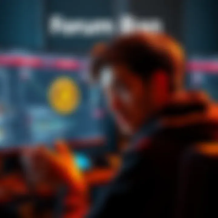 A person looking confused while reading a computer screen with forum posts about a ban from a Bitcoin discussion board.