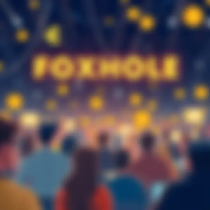 An illustration of a digital forum with users discussing under hashtags, showcasing the idea of decentralized community engagement, featuring symbols of Bitcoin and the Nostr protocol.