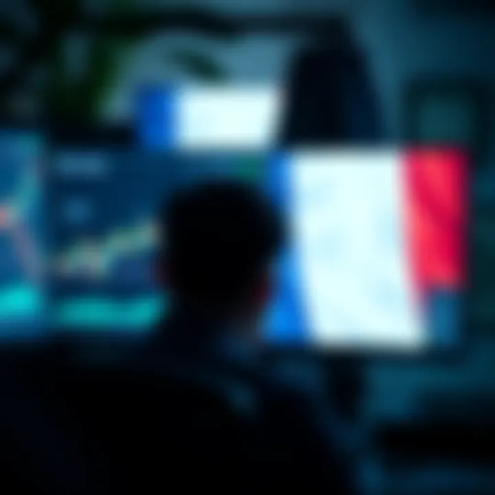 A person looks at a computer screen displaying cryptocurrency graphs and the French flag in the background, symbolizing the new crypto tax policy in France.