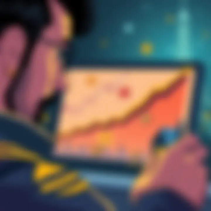 Illustration showing a person looking at a chart depicting rising asset values with symbols for Bitcoin, jewelry, and real estate around them.