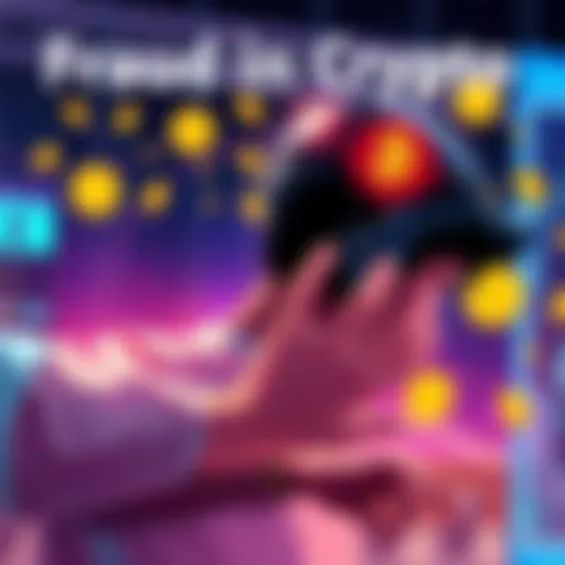 A digital illustration showing a person manipulating cryptocurrency symbols while looking over their shoulder, symbolizing fraud in the crypto world.