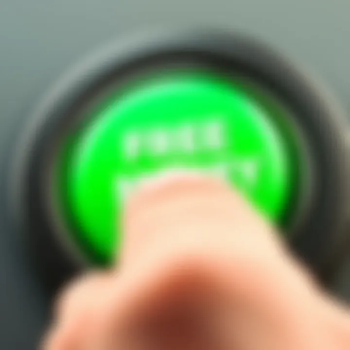 Free Money Button Concept A close-up of a bright green button labeled 'Free Money' being pressed by a hand, symbolizing economic access and opportunity.