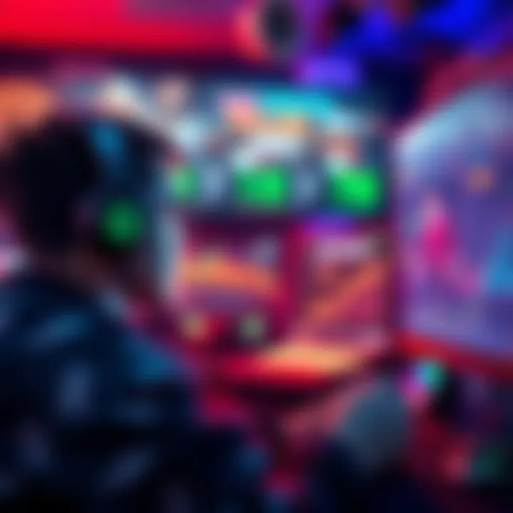 Free-to-Play Player Strategies A gamer focused on boosting earnings, looking at a screen with game statistics and strategies, surrounded by gaming accessories.