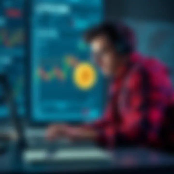 A freelancer working on a laptop, looking concerned about the value fluctuations of Litecoin, with charts and graphs on the screen.