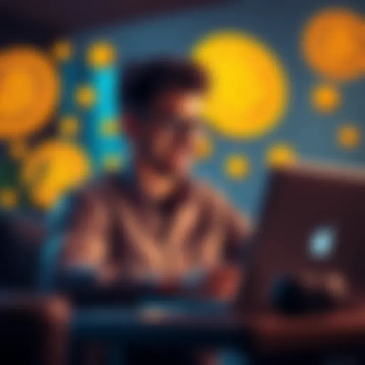 A designer happily working on a laptop with Bitcoin symbols in the background, illustrating the transition from banks to cryptocurrency payments.