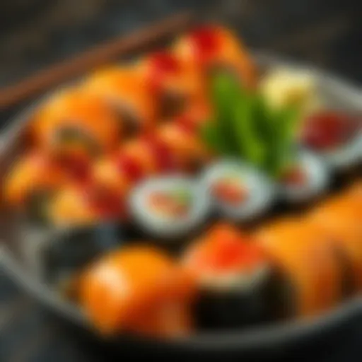 Fresh sushi rolls on a plate A plate filled with colorful sushi rolls and wasabi, perfect for post-gym dining