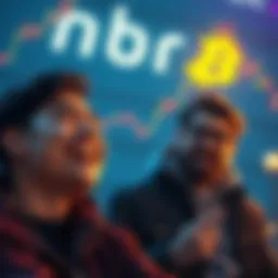 A person laughing while looking at a falling Bitcoin graph, with another friend appearing concerned in the background.
