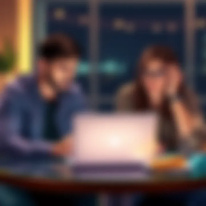 Friends Discussing Bitcoin Investment Two friends sitting at a table with a laptop, looking concerned while discussing Bitcoin investments, showing emotional tension