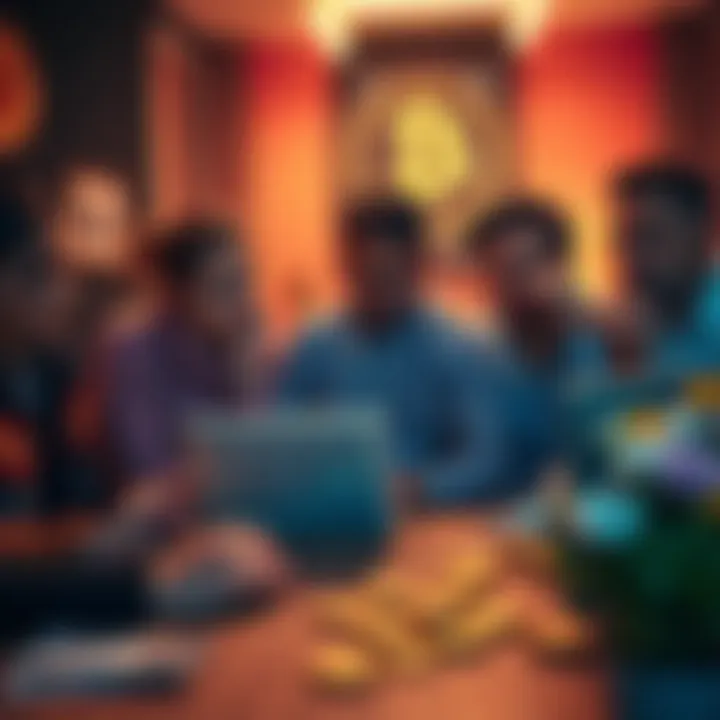 A group of friends sitting at a table looking confused while discussing Bitcoin, with a laptop showing Bitcoin graphs and charts, representing struggles in understanding cryptocurrency.