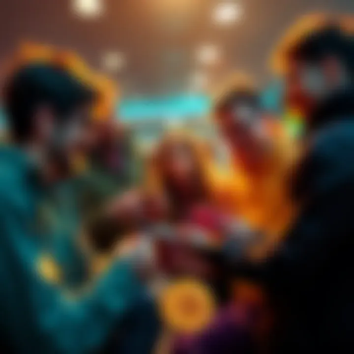 A group of friends discussing Bitcoin ownership, looking at their phones and sharing information about their crypto investments.