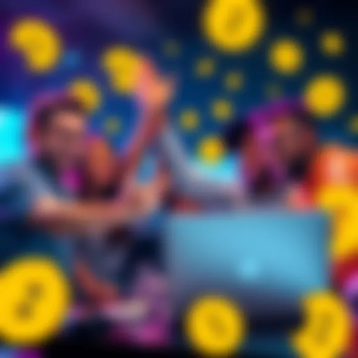 A group of friends gathered around a laptop, smiling and high-fiving, celebrating their journey in the cryptocurrency world, with Dogecoin symbols in the background.