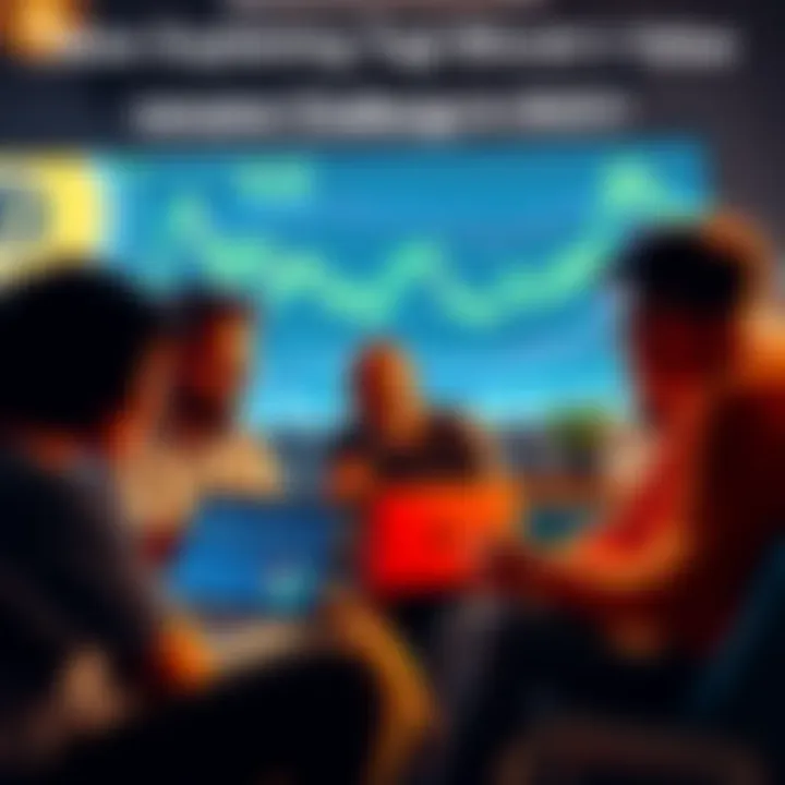 A group of friends sitting together, talking about Bitcoin with charts and graphs on a laptop screen.