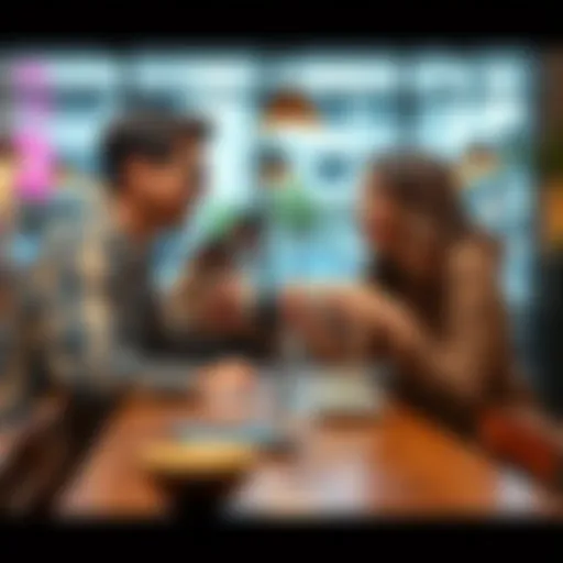 Two friends sitting at a table, smiling and talking over coffee, showing the joy of reconnecting.