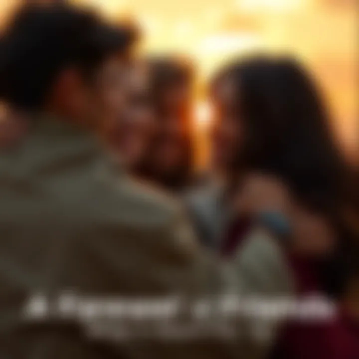 A group of friends sharing a heartfelt farewell hug, with smiles and tears in their eyes, surrounded by a warm sunset.