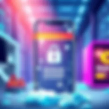 Frozen neobank account illustration A digital banking app display showing a locked account with caution signs, symbolizing compliance issues, in a modern tech environment.