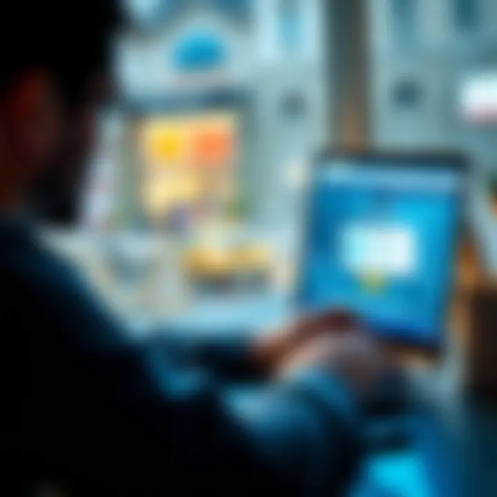 A person looking concerned while using a laptop, showing a bank website with a frozen account message on the screen.