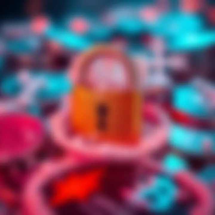 A visual representation of frozen cryptocurrency assets with a padlock symbol and digital currency icons