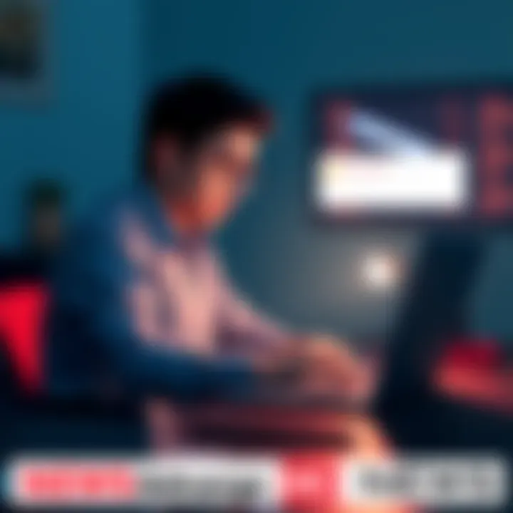 Frustrated Coinbase User A frustrated Coinbase user sitting at a desk with a laptop, showing an error message related to account limits in cryptocurrency transactions.